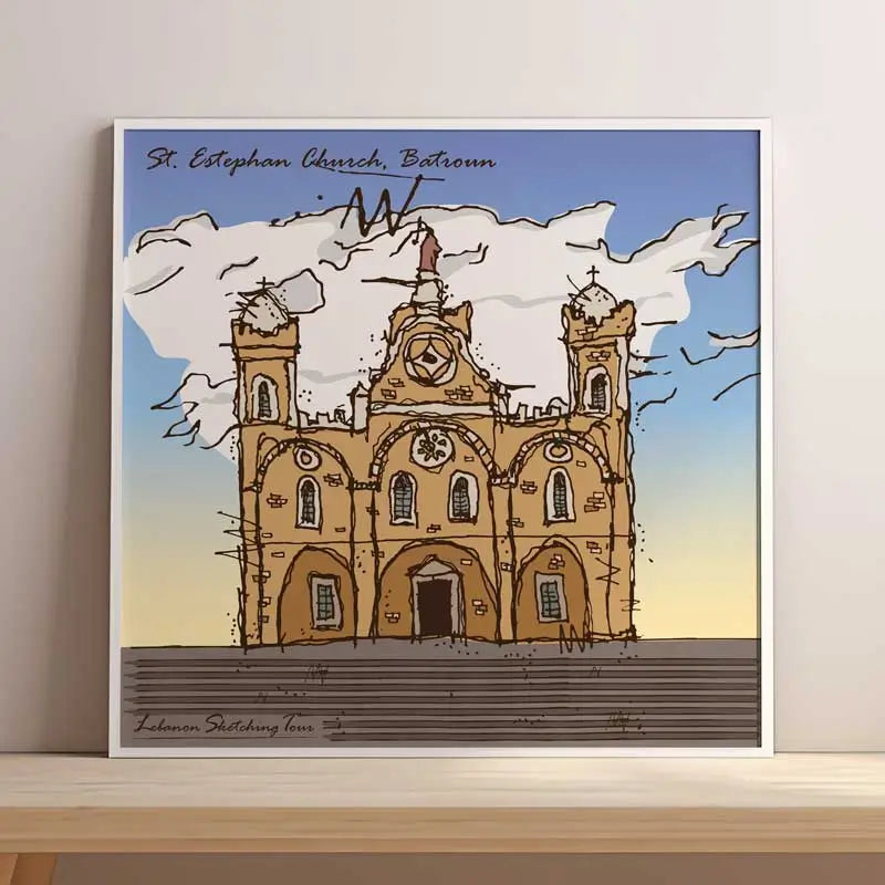 St. Estephan Church, Batroun, a framed Lebanese religious landmark poster sketched in square format Lebanese print